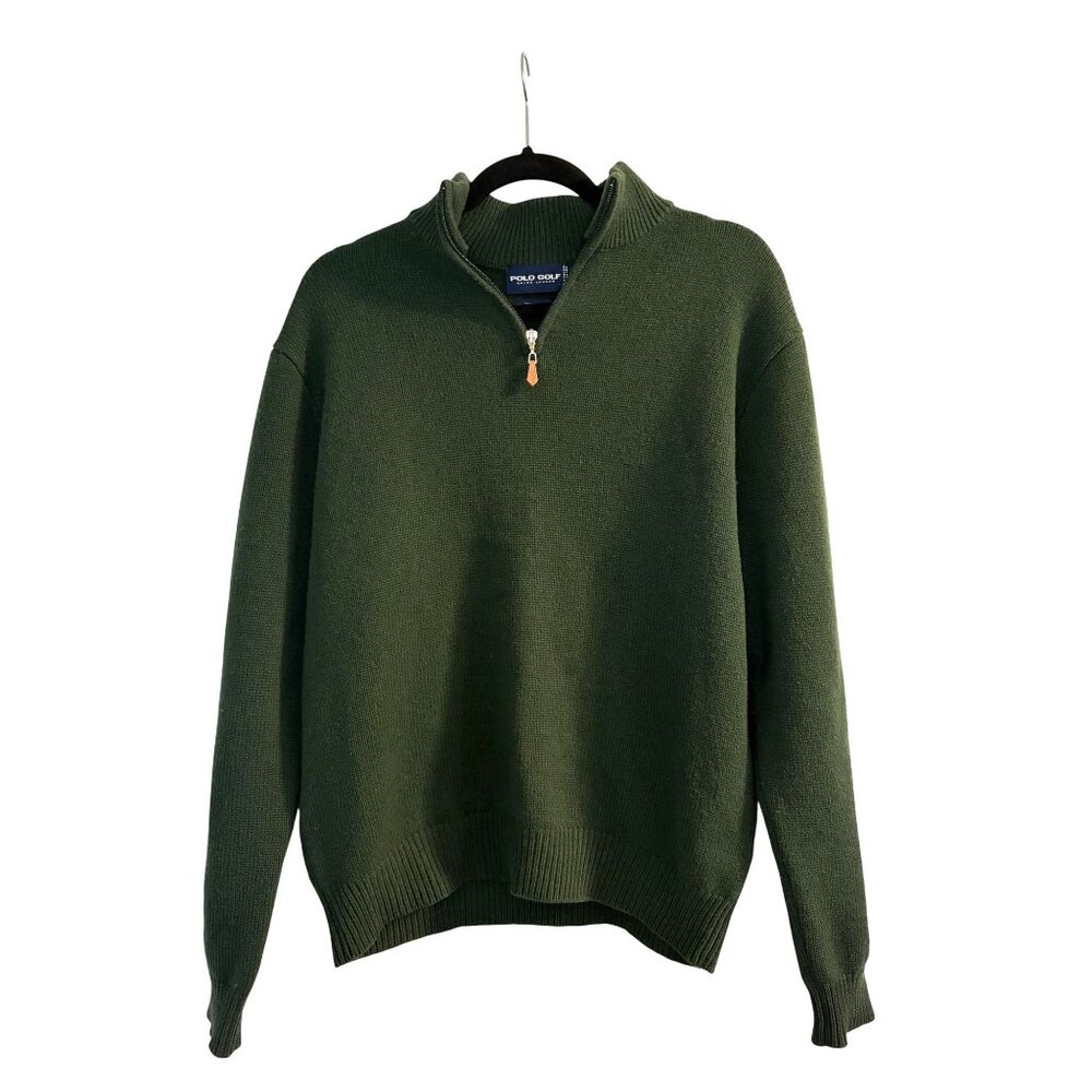 Ralph Lauren Polo Golf Hunter Green Men's Quarter Zip Sweater Size L 100% Wool